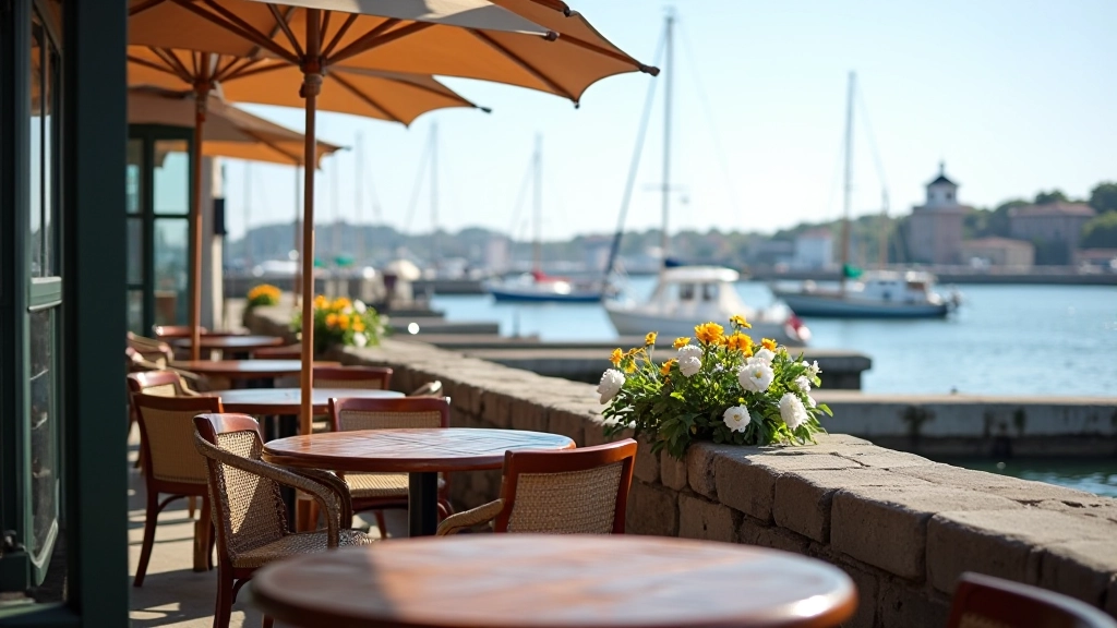 Outdoor waterfront cafe seating area with harbour views and relaxed atmosphere