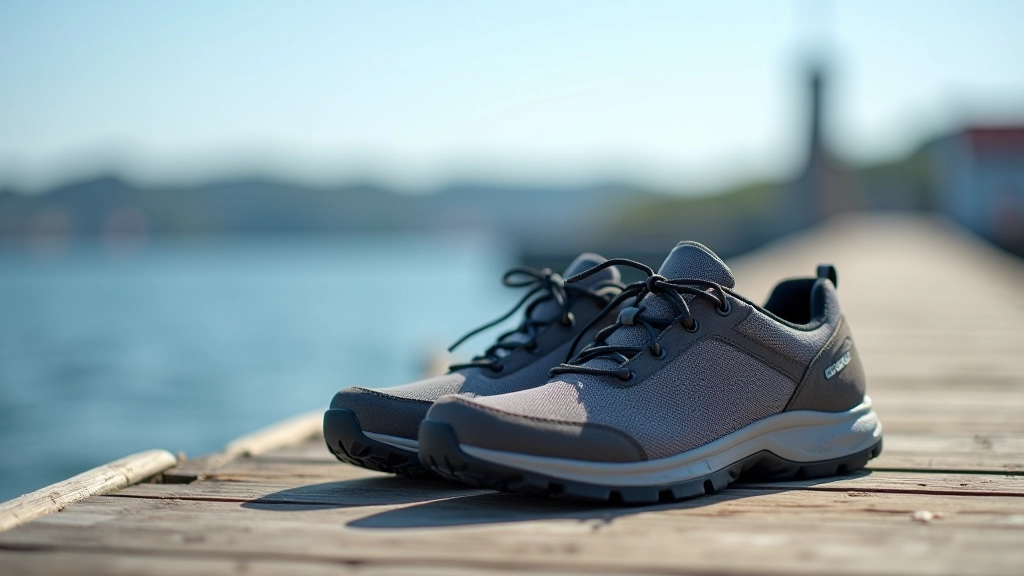 Comfortable walking shoes on a wooden deck with water visible in the background