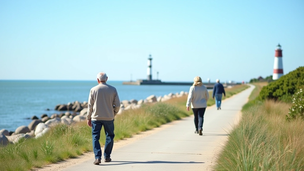 Peaceful coastal pathway along Ventspils harbour with lighthouse