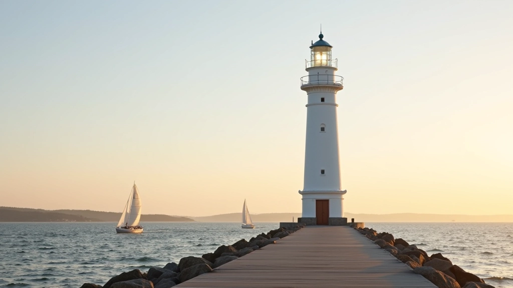 White lighthouse tower with Baltic Sea and sailboats visible, golden hour light